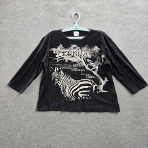 Jess & Jane Women Shirt XL Black Animal Print Graphic Crew Neck Pullover Y2K
